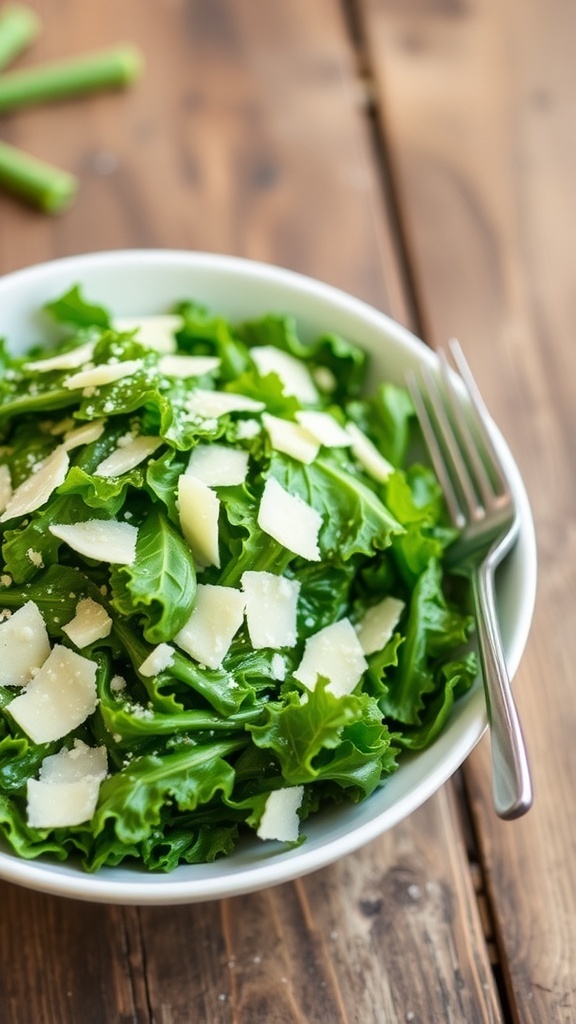A fresh kale salad with parmesan cheese shavings on a wooden table.